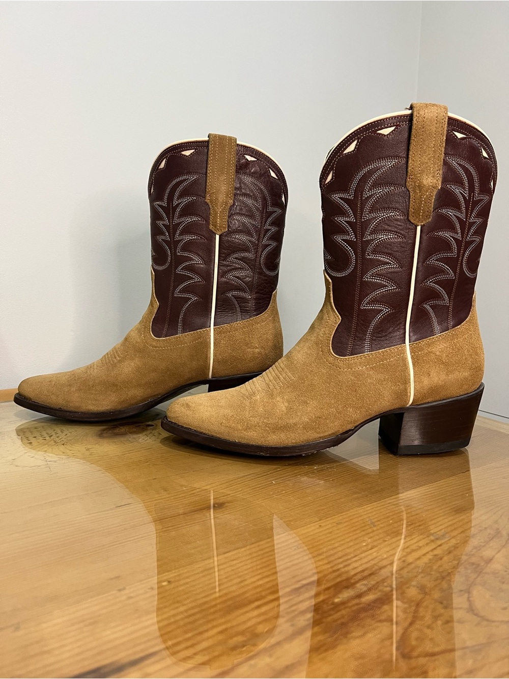Tecovas Jolene Almond Wine Two-Tone Suede Leather Cowboy Boots